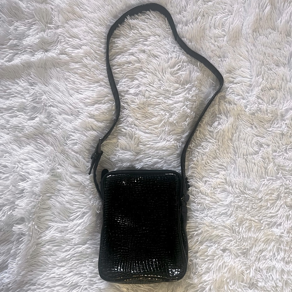 SAS Black Alligator Patent Leather Handbag Adjustable Crossbody Purse USA KeyFob